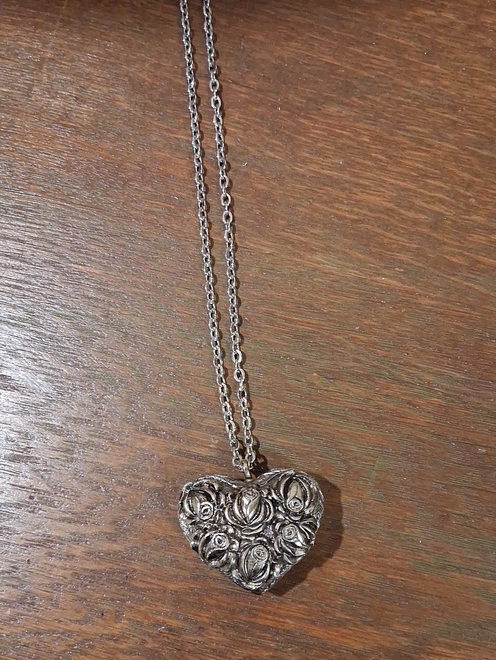 Silvertone Heart Rose Pendant Necklace